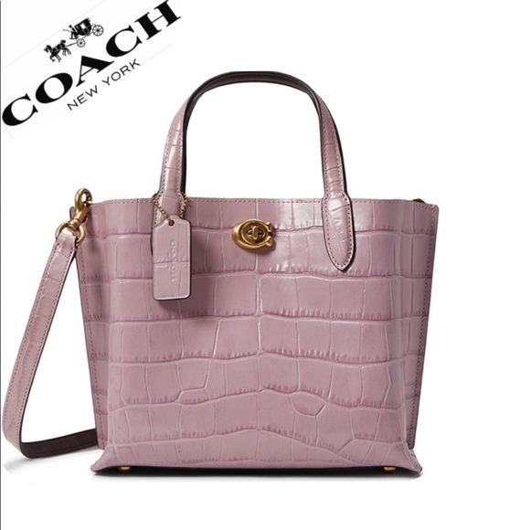 NWT COACH WILLOW TOTE 24 CROC-EMBOSSED LEATHER SHOULDER BAG BRASS/ICE‎ PURPLE - Picture 1 of 8